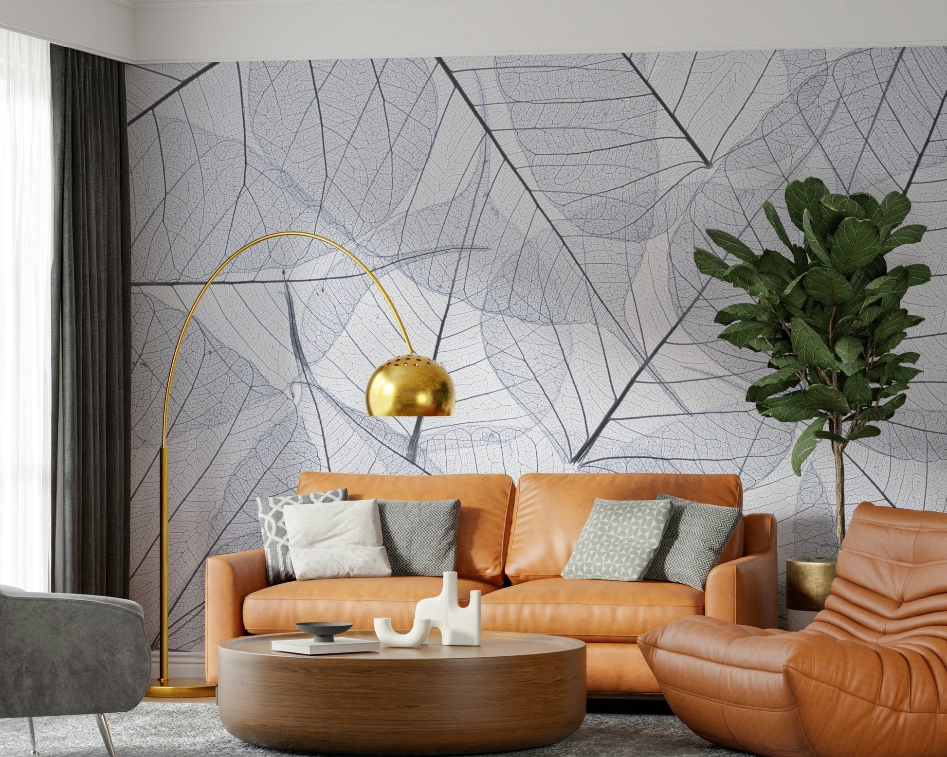 Minimal leaf pattern wall mural in soft tones
