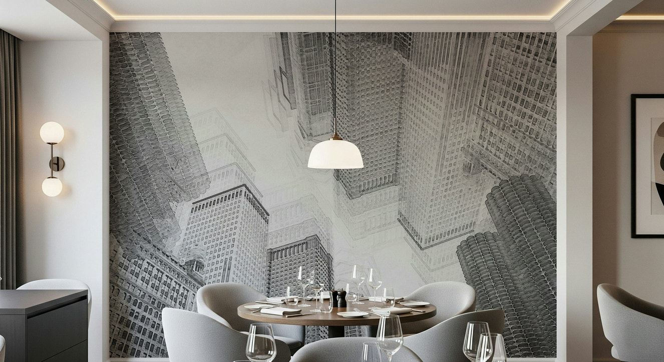 Cityscape Sketch wallpaper with detailed architectural line art for contemporary interiors.