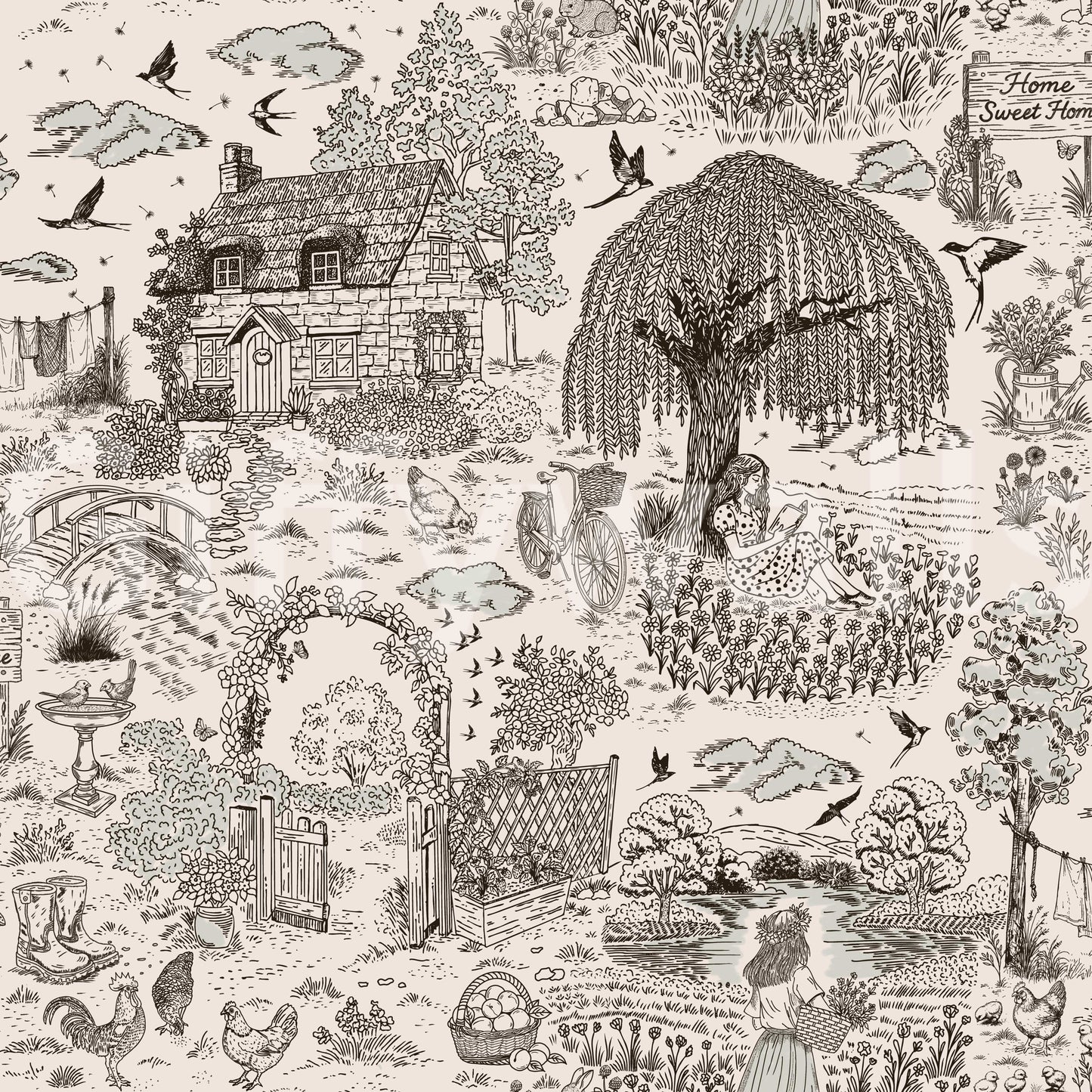 Rustic countryside sketch mural — perfect for adding a serene, artistic touch to interiors.