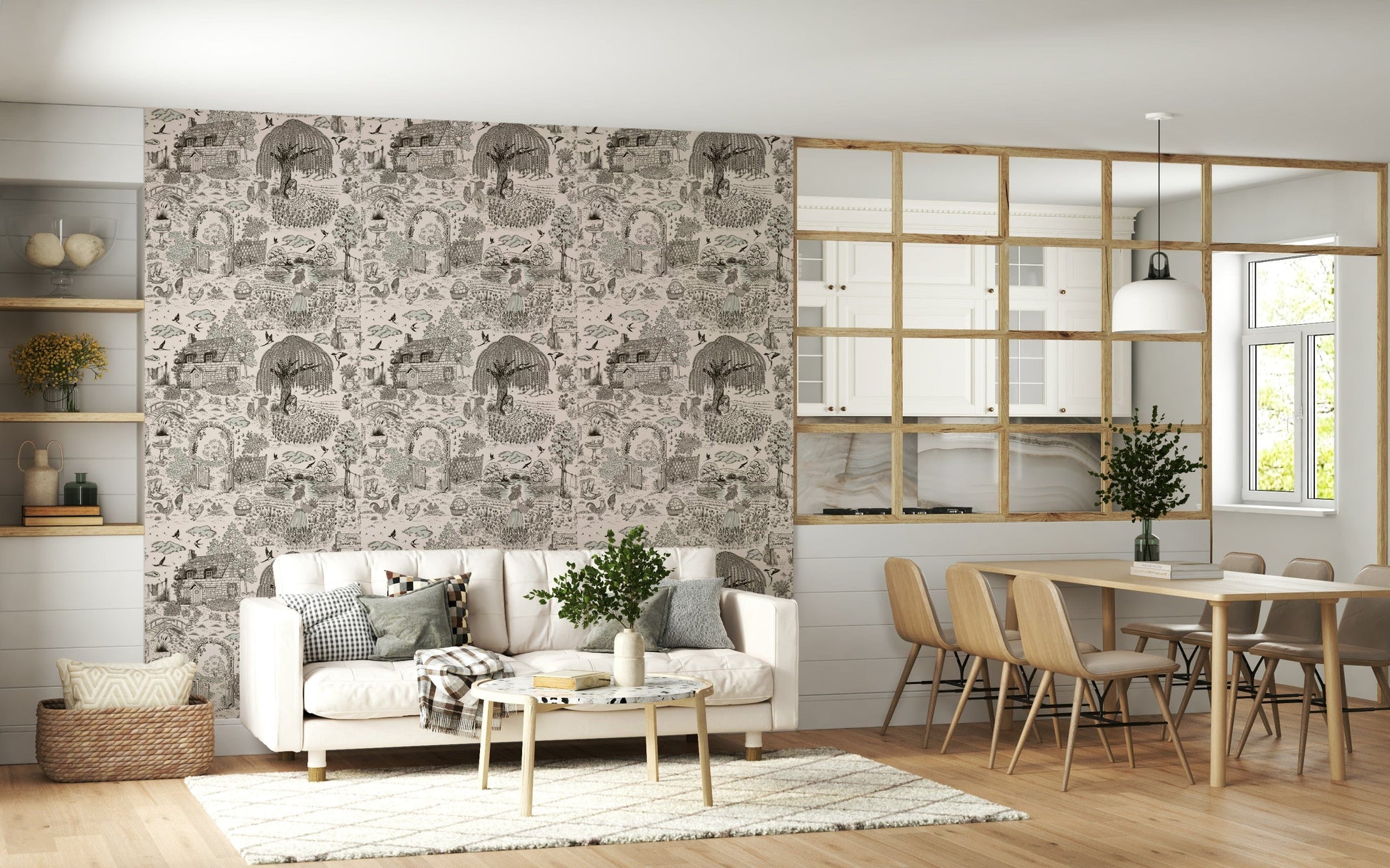Hand-drawn rural landscape wallpaper with soft lines and subtle shading.