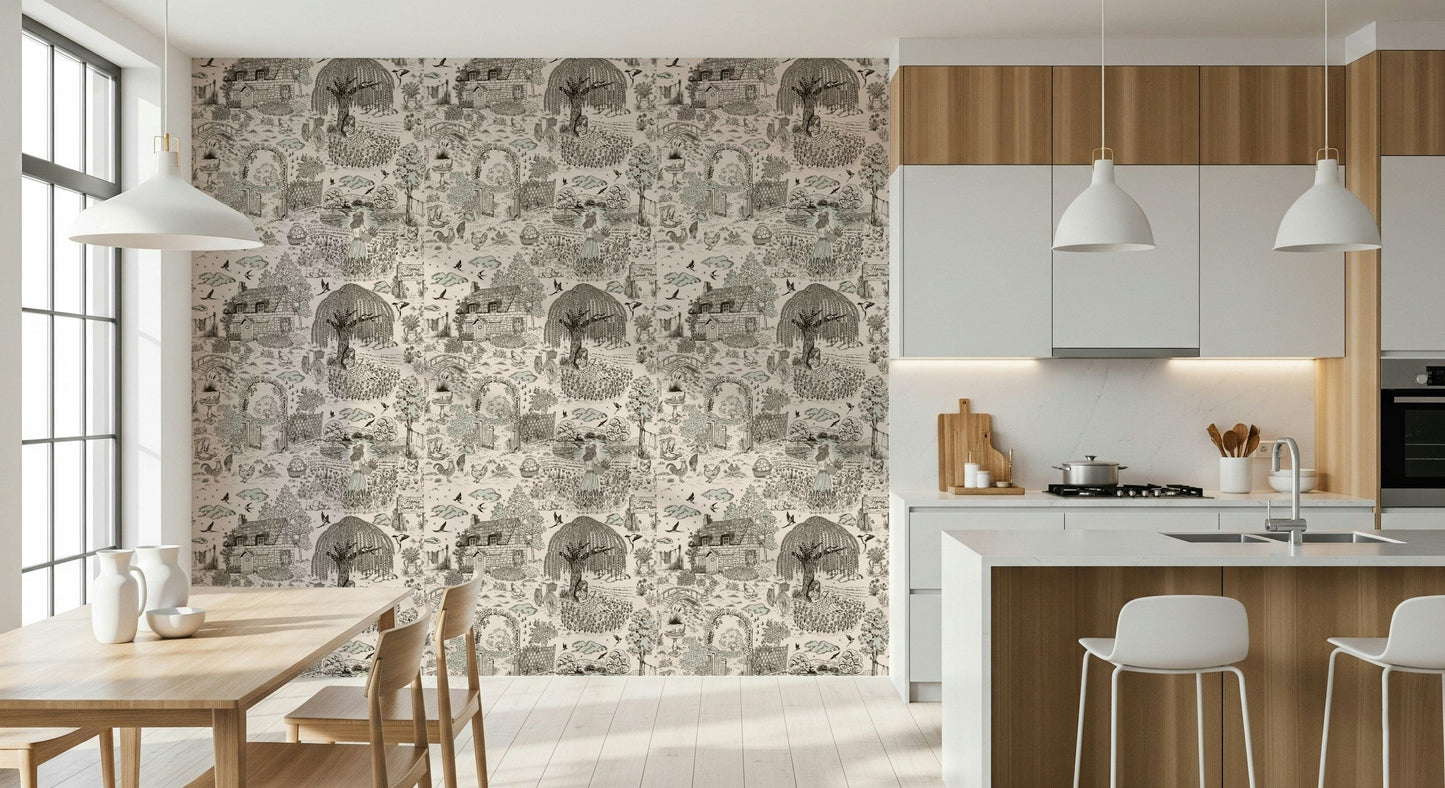 Decorative sketch-style wallpaper depicting countryside cottages, trees, and fields.