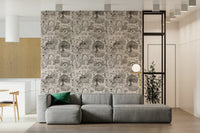 Countryside sketch wall mural — detailed hand-drawn landscapes in neutral tones.
