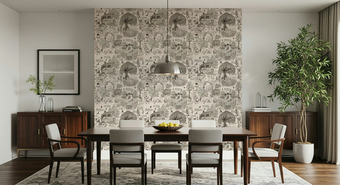 Decorative wall mural with pencil-style sketches of a serene countryside scene.
