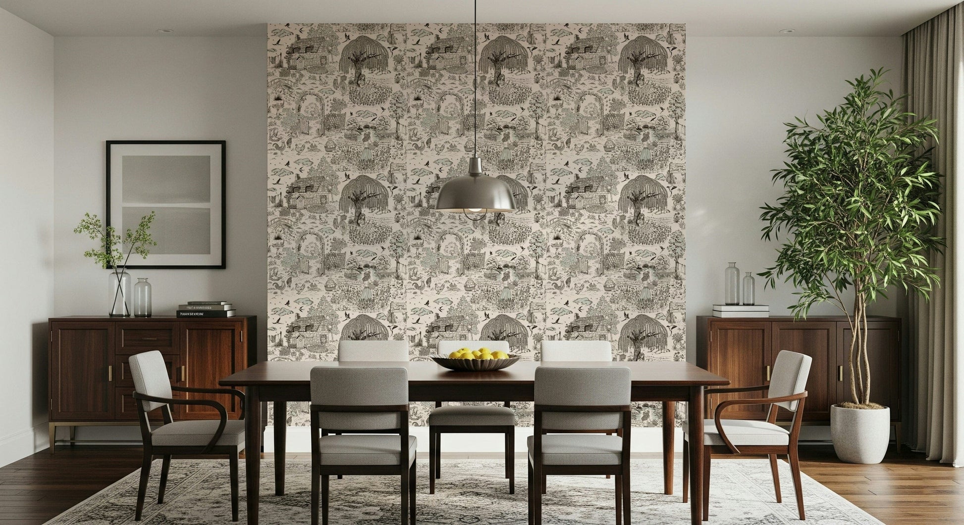 Decorative wall mural with pencil-style sketches of a serene countryside scene.