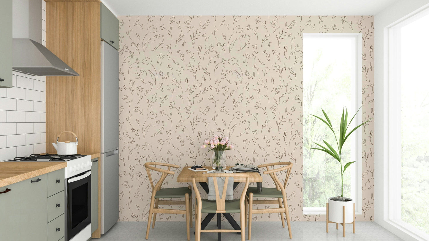 Neutral cream background with hand-drawn bloom wallpaper.
