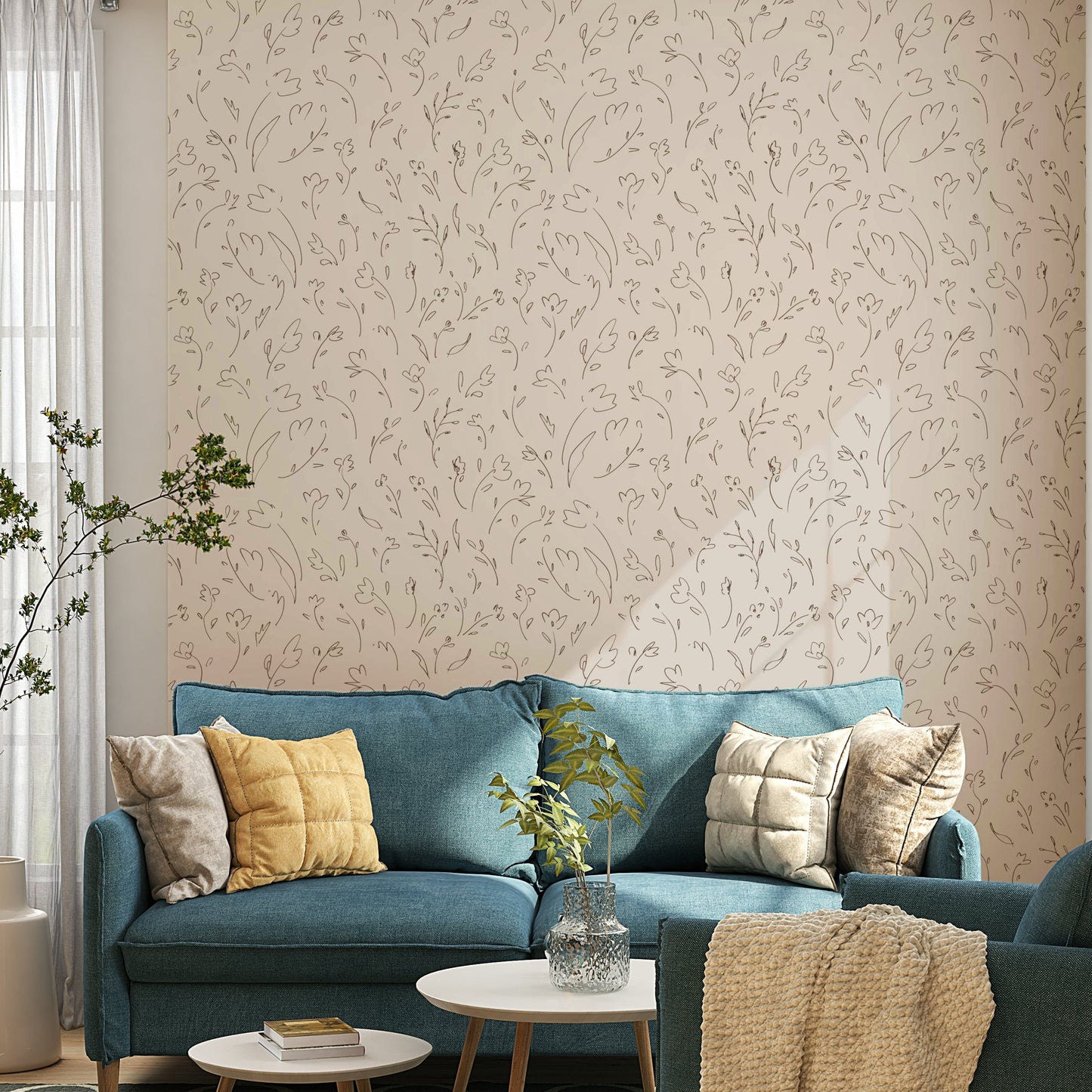 Minimalist brown line art flower sketches wallpaper decor.
