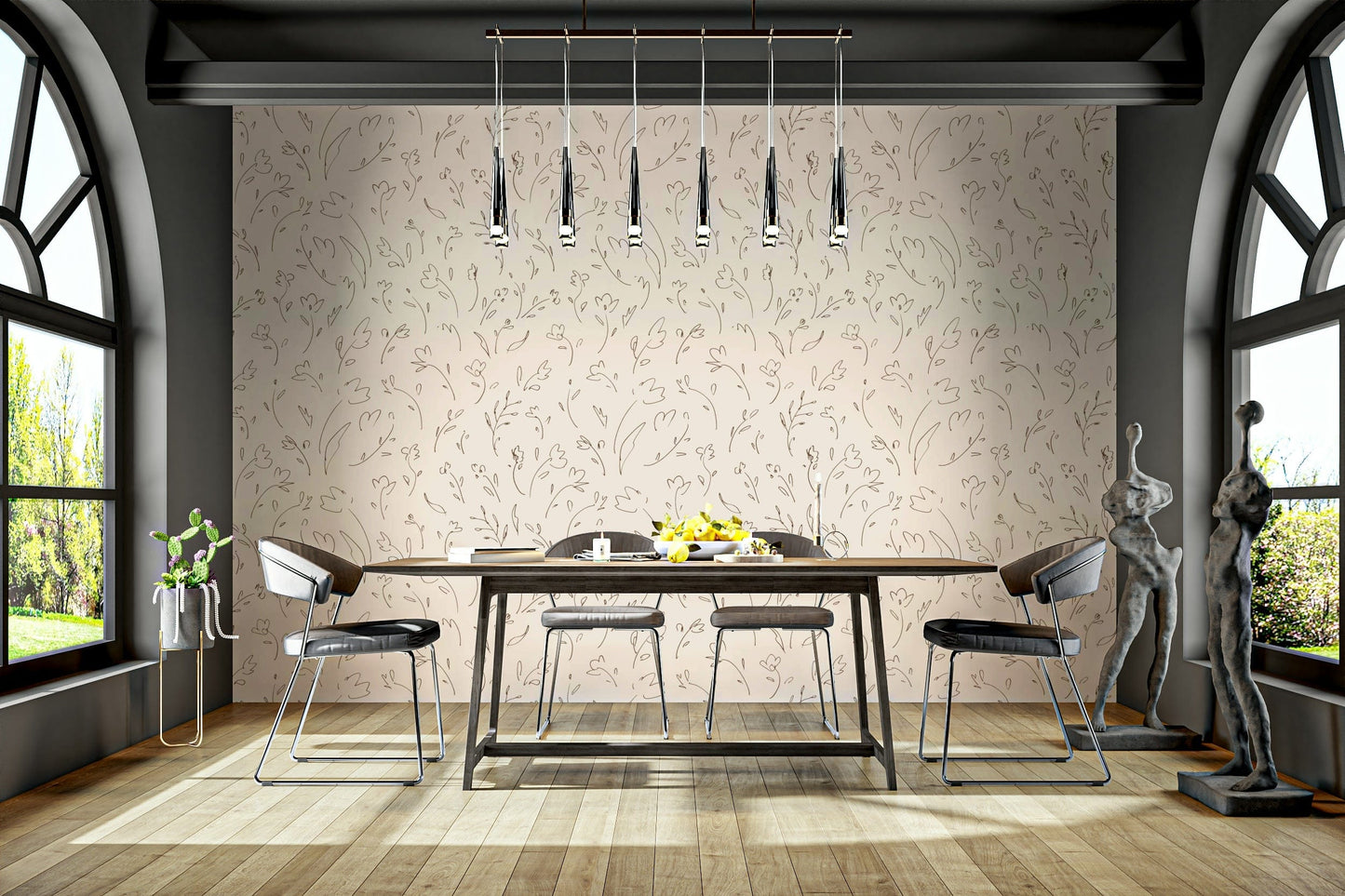 Artistic pencil effect rose branch pattern wallpaper.
