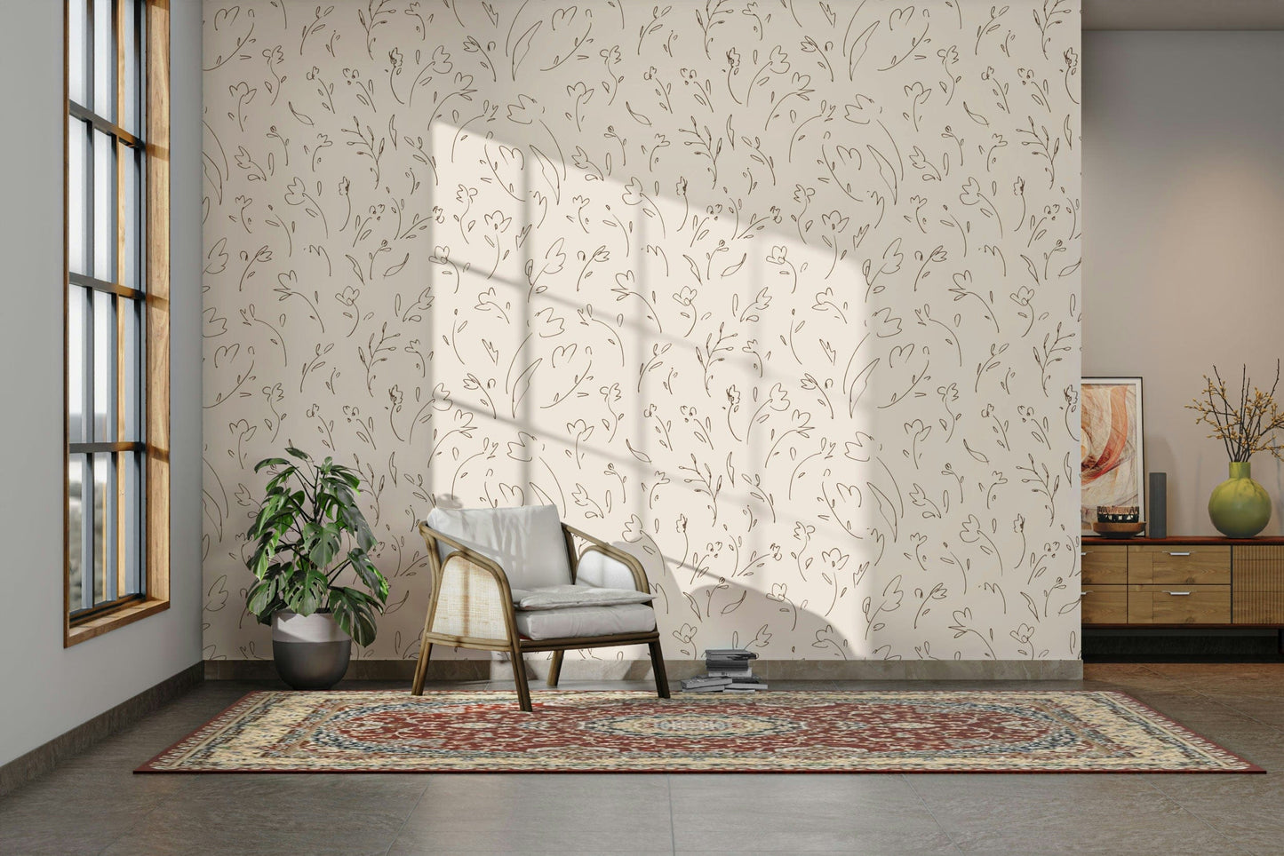 Simple earthy tone wildflower sketch accent wallpaper.
