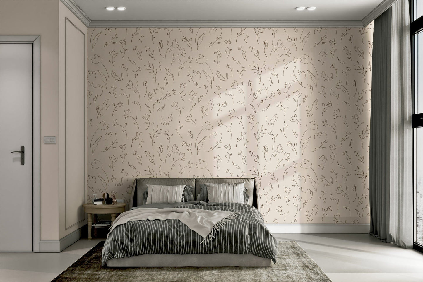 Elegant botanical line drawing pattern mural wallpaper.
