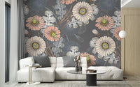 Sketch Flower wallpaper mural in peach on grey behind a low white sofa with grey cushions