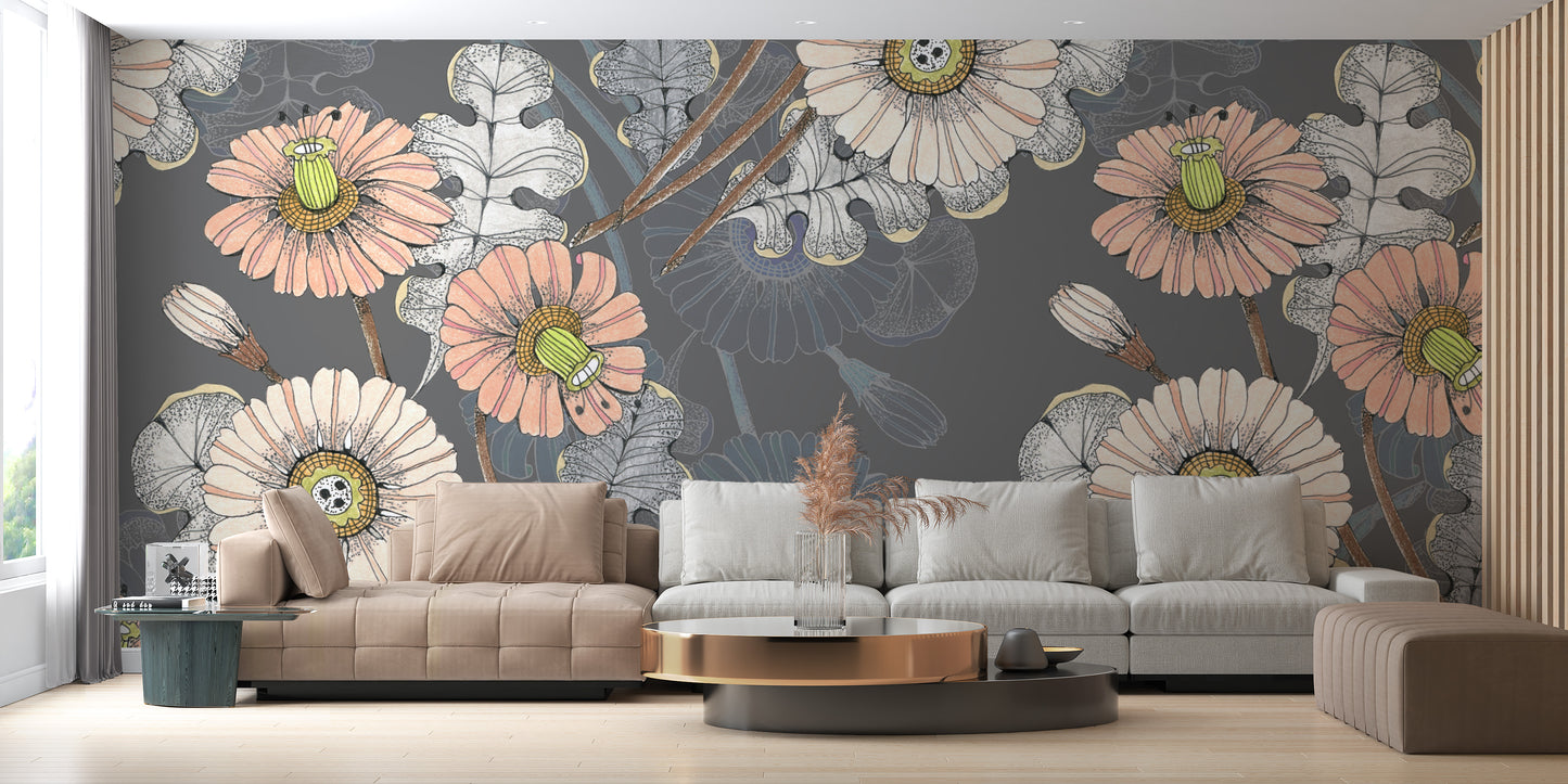 Sketch Flower wallpaper mural with grey and peach blooms behind a beige tufted living room sofa