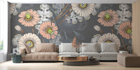 Sketch Flower wallpaper mural with grey and peach blooms behind a beige tufted living room sofa