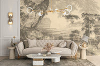 Sepia-toned forest sketch wallpaper mural
