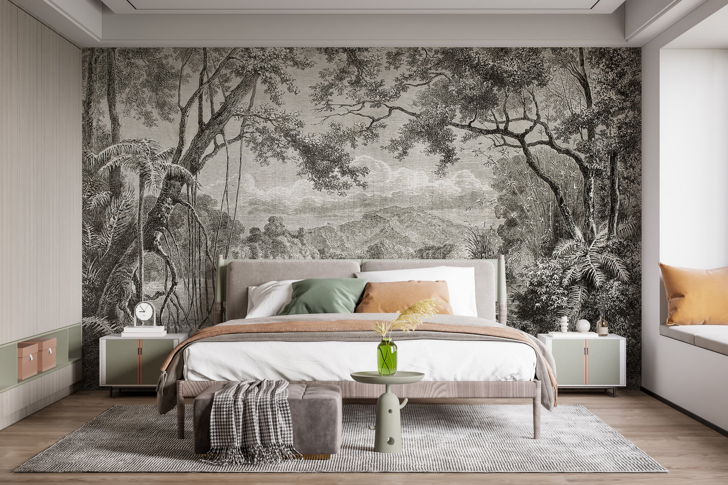 Sketchy Hills wallpaper mural styled along a hallway feature wall near a console in black and white