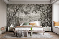 Sketchy Hills wallpaper mural styled along a hallway feature wall near a console in black and white