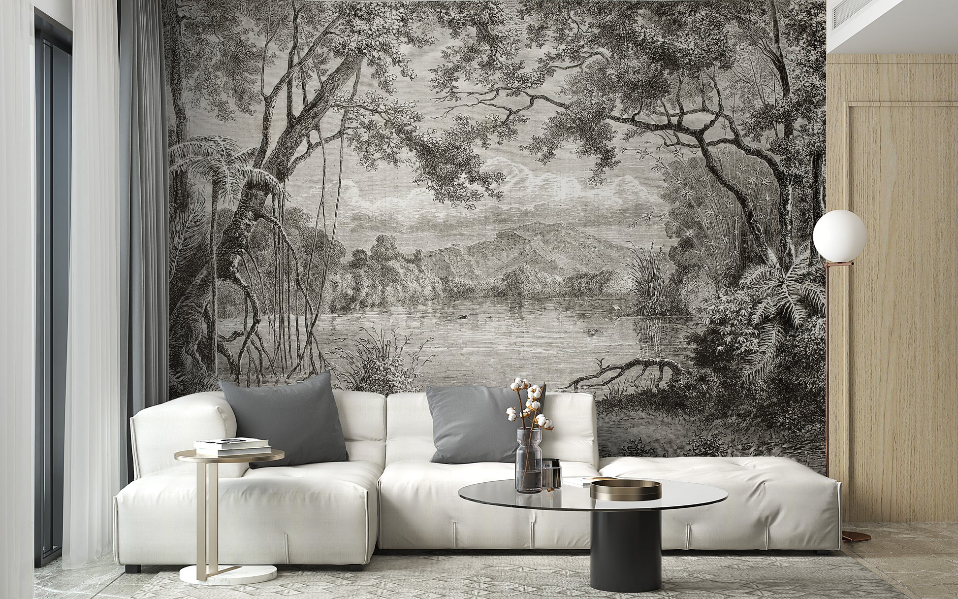 Sketchy Hills wallpaper mural as a feature wall in a home office workspace in black and white