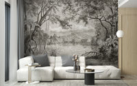 Sketchy Hills wallpaper mural as a feature wall in a home office workspace in black and white