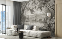 Sketchy Hills wallpaper mural styled as a feature wall behind a dining table and chairs in black and white