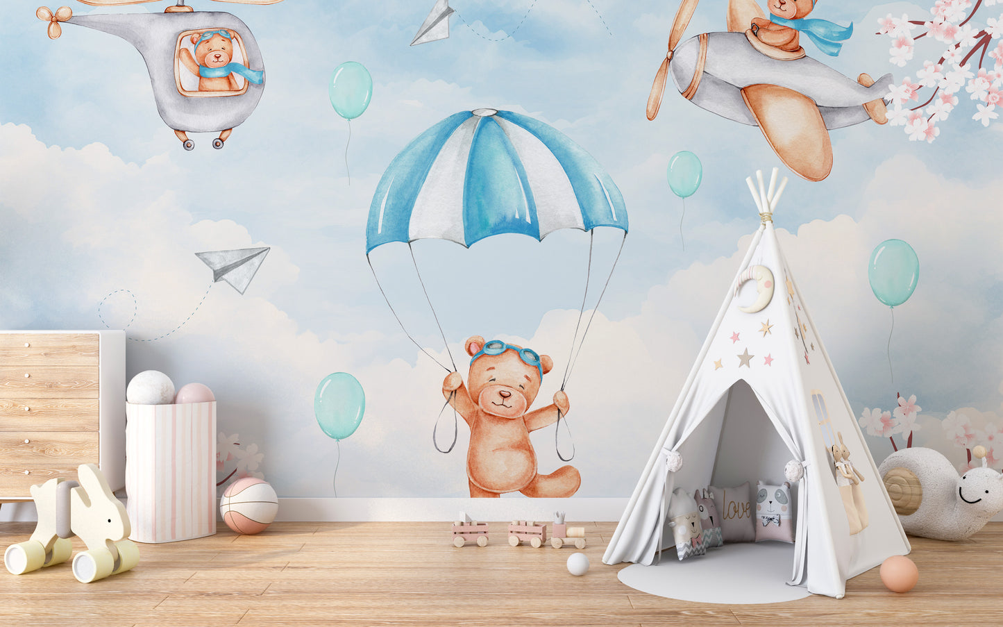 Dreamy Sky Adventure wallpaper mural with flying teddy bears in a kids room with white teepee tent and toy bunnies
