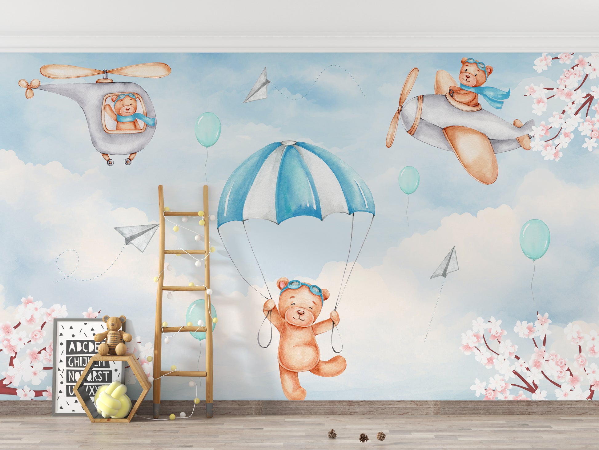 Dreamy Sky Adventure wallpaper mural of teddy bears and mint balloons in a kids room with wooden ladder and ABC sign