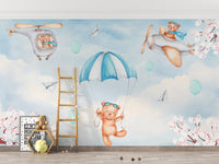 Dreamy Sky Adventure wallpaper mural of teddy bears and mint balloons in a kids room with wooden ladder and ABC sign