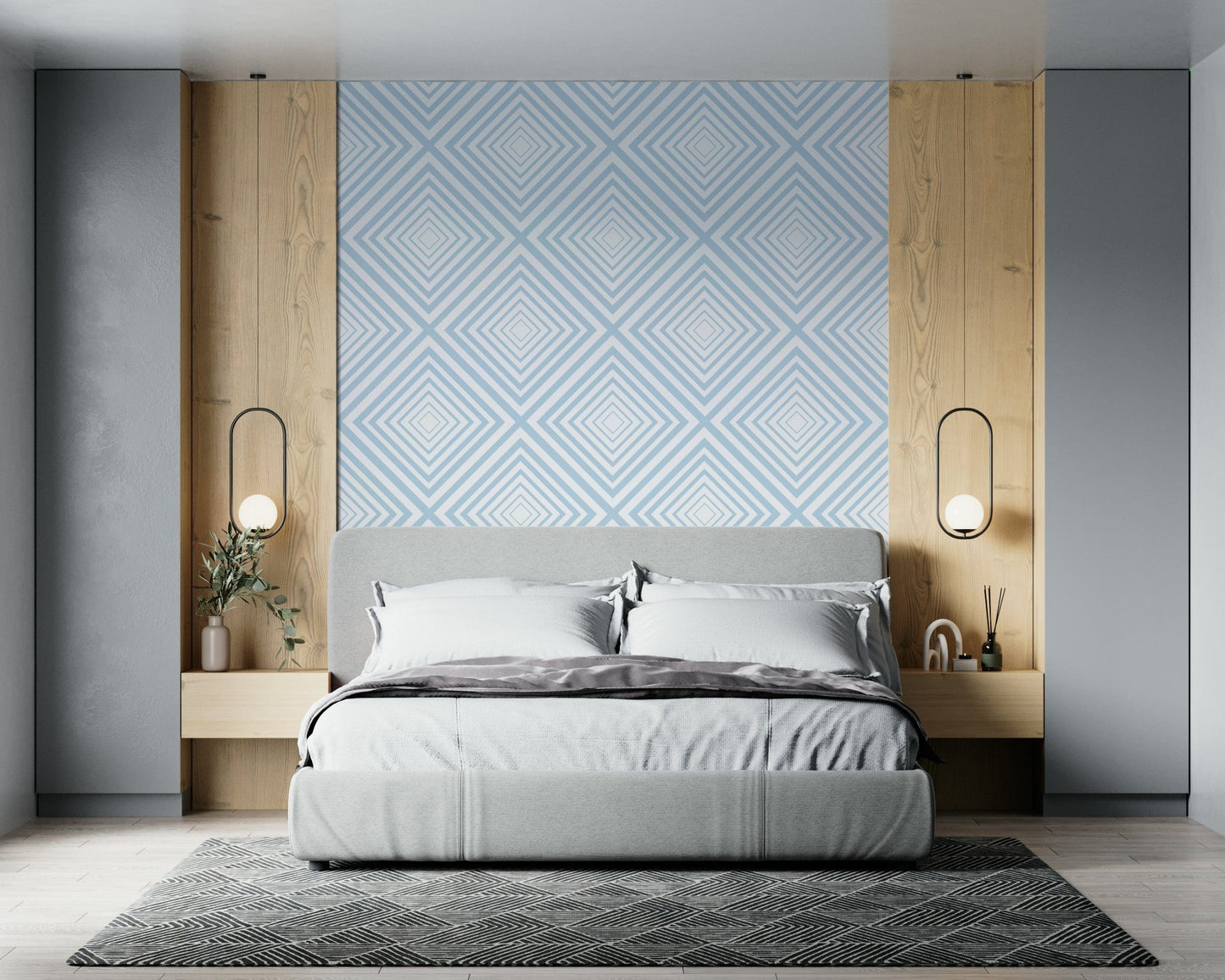Wide perspective showing Sky Blue Chevron wallpaper repeating design.
