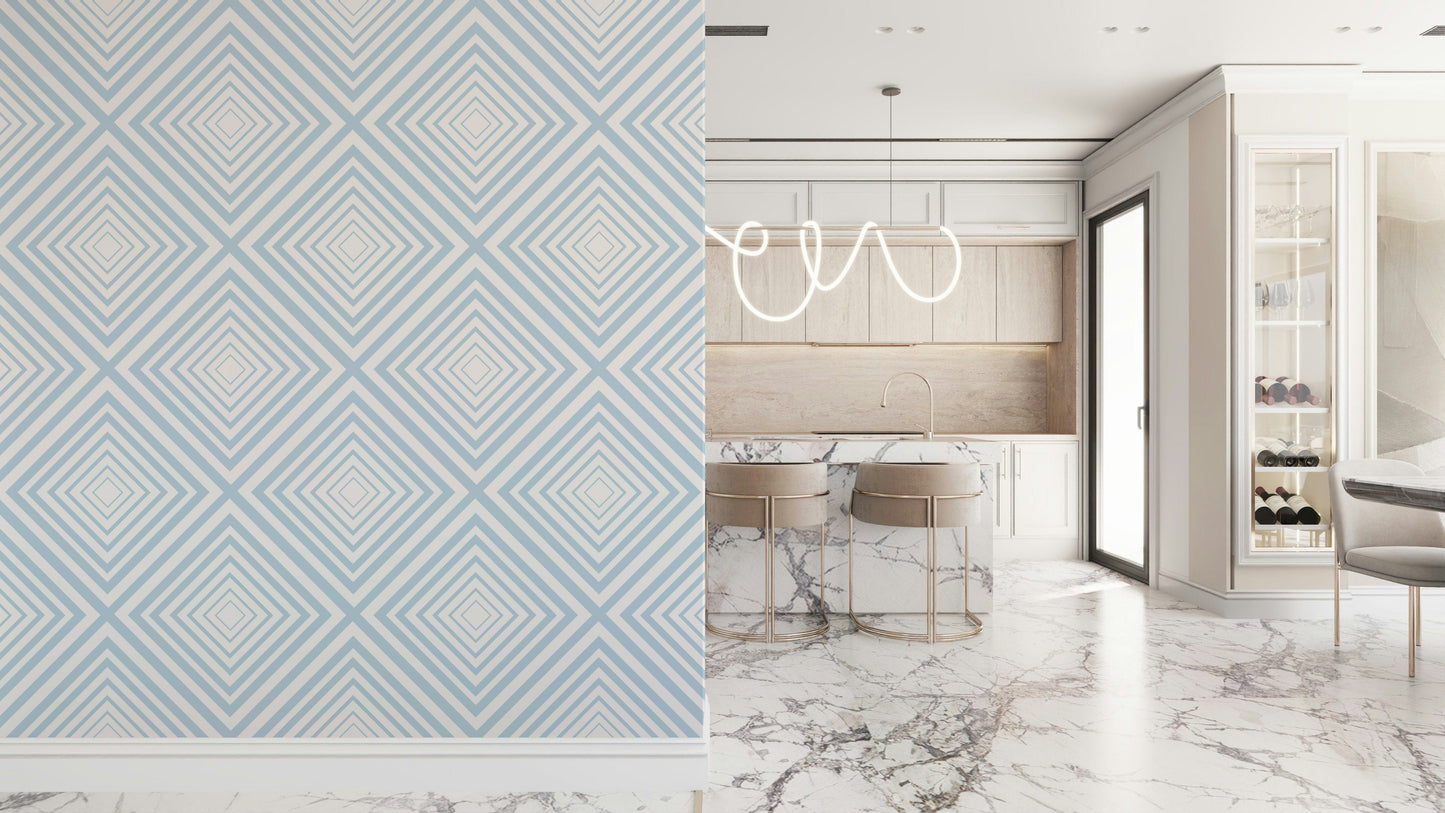 Symmetrical graphic motif on Sky Blue Chevron mural.
