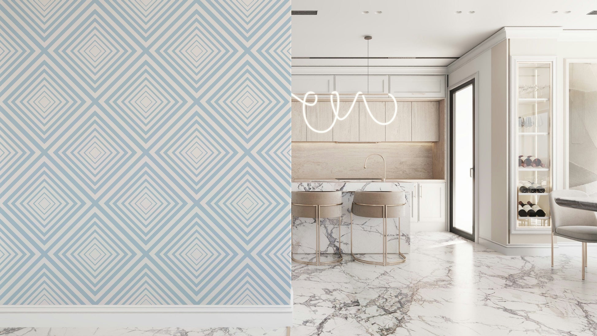 Symmetrical graphic motif on Sky Blue Chevron mural.