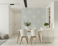 Modern intersecting stripe motif on Sky Blue Chevron accent wall.