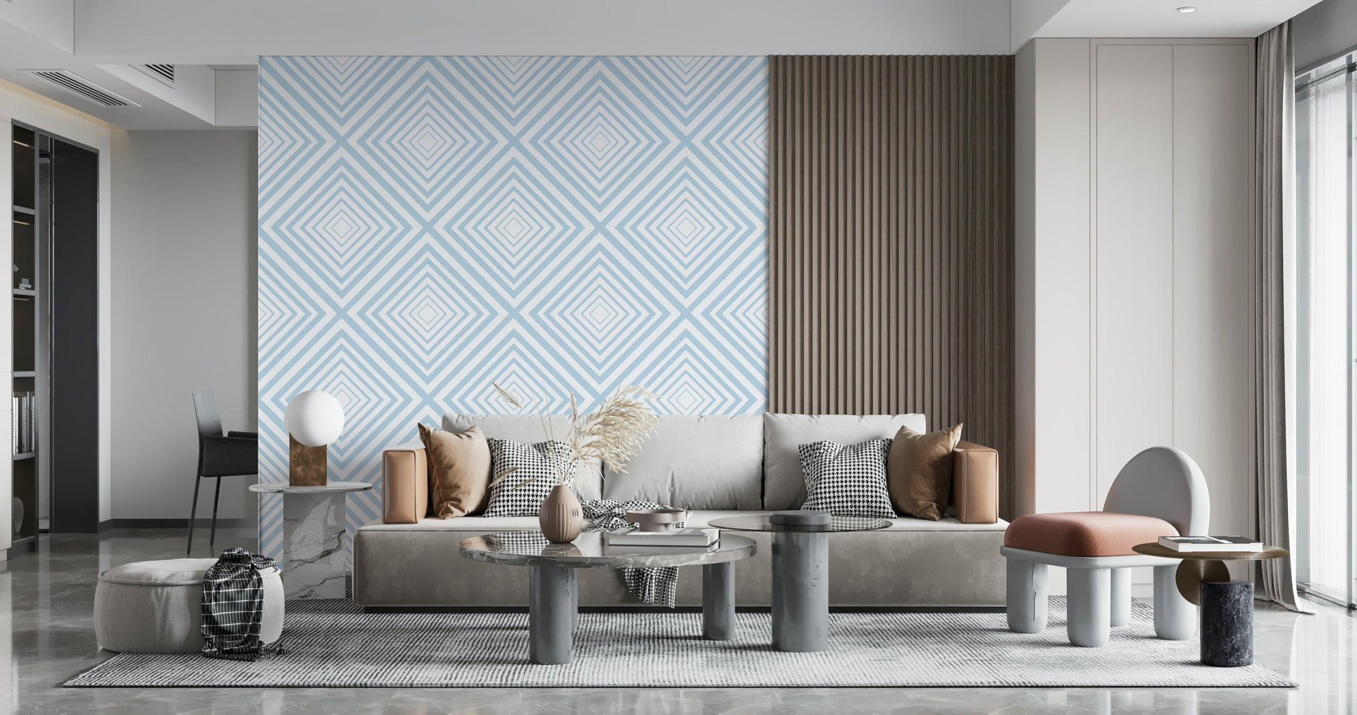 Light blue and white colors define Sky Blue Chevron for walls.