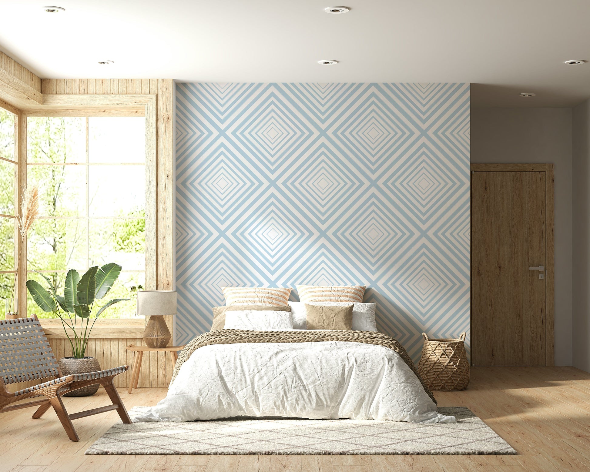 Geometric diagonal lines of Sky Blue Chevron wallpaper design.