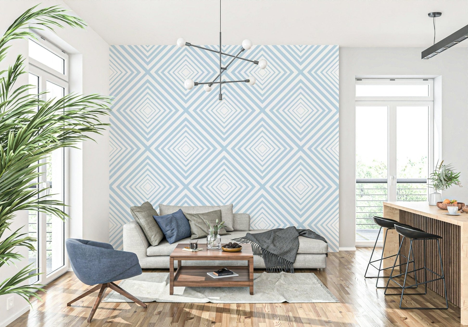 Sharp lines give depth to Sky Blue Chevron unique wallpaper print.