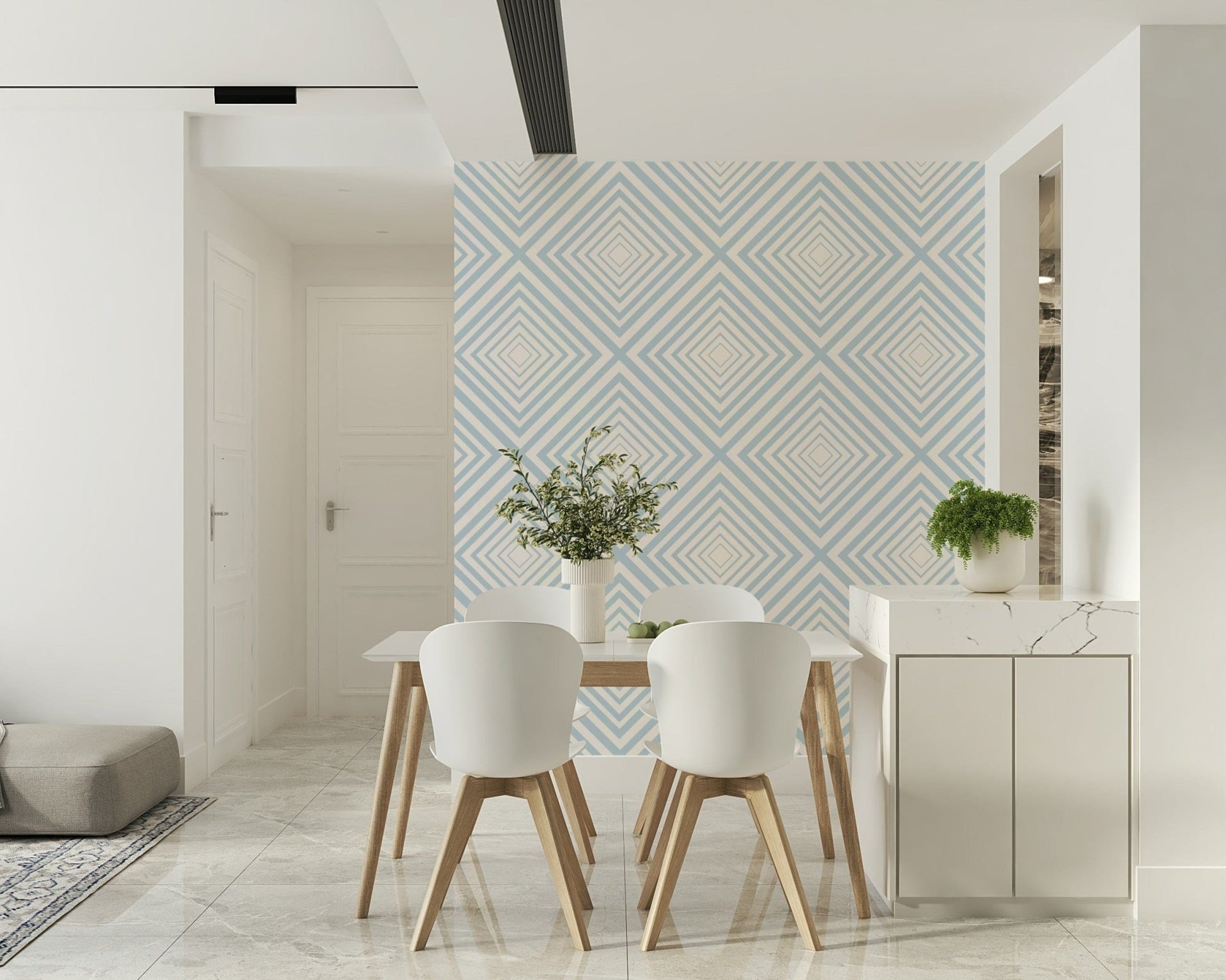 Modern intersecting stripe motif on Sky Blue Chevron accent wall.