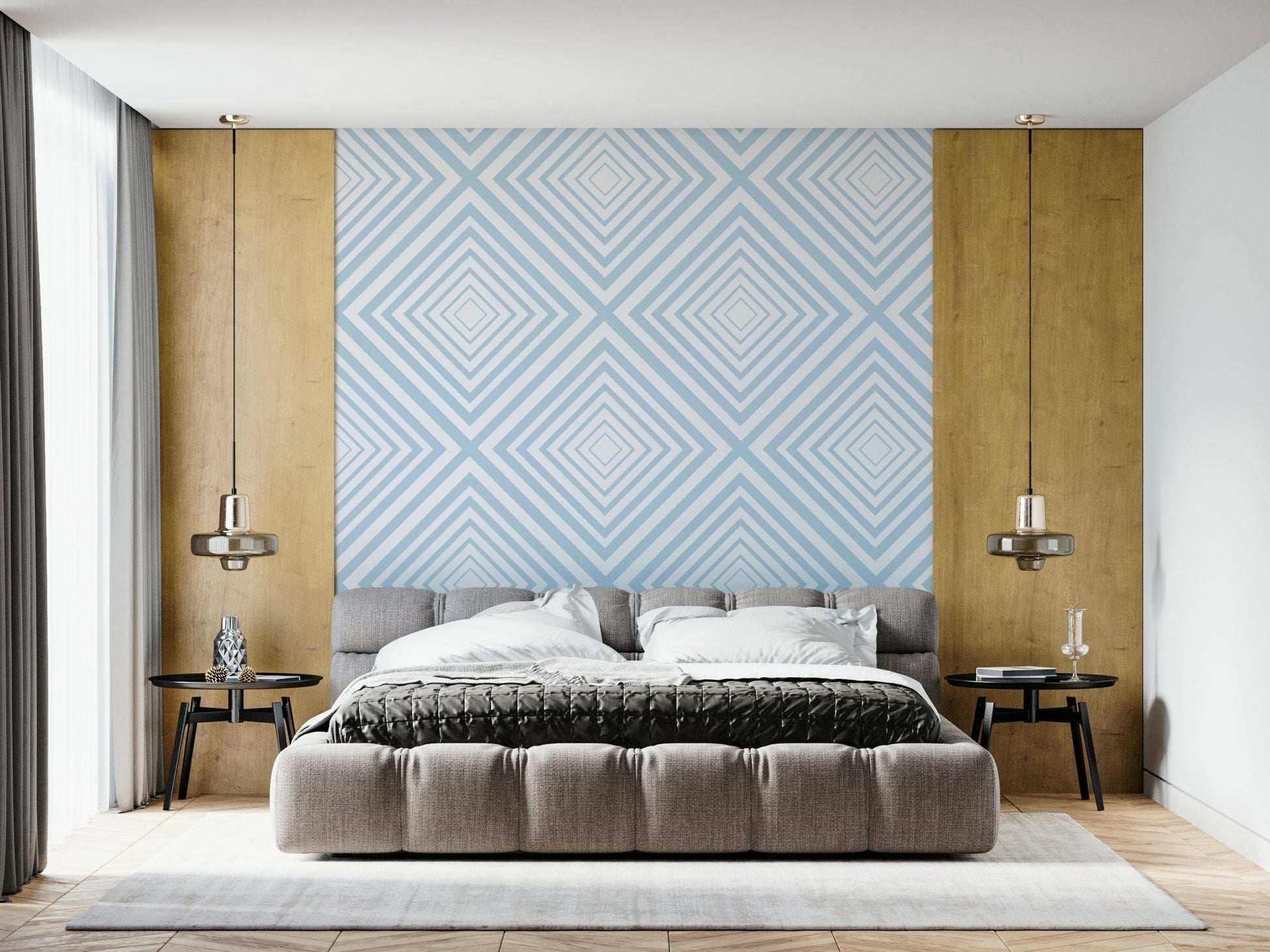 Layered V-shapes give movement to Sky Blue Chevron wallpaper pattern.