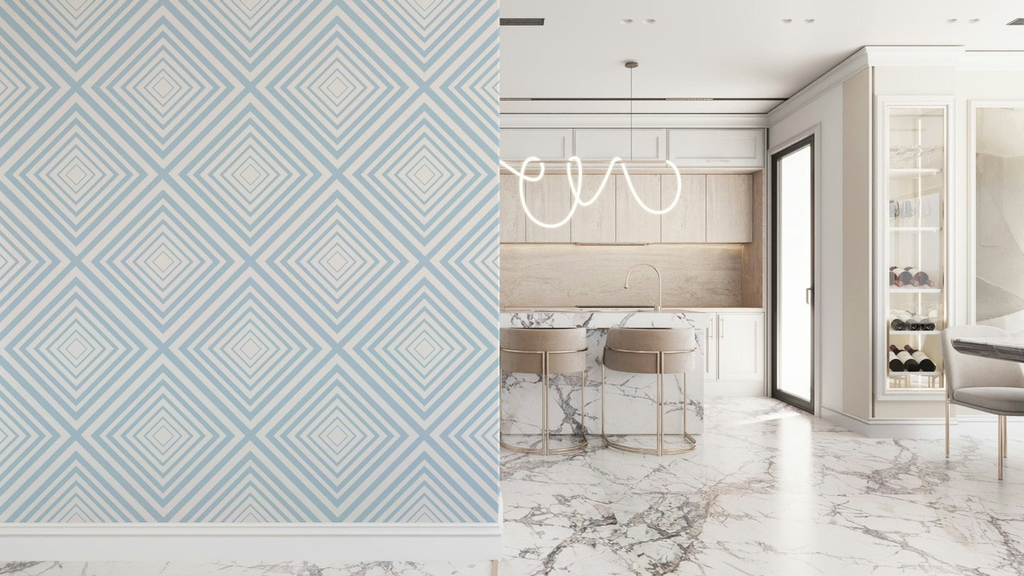 Symmetrical graphic motif on Sky Blue Chevron mural.
