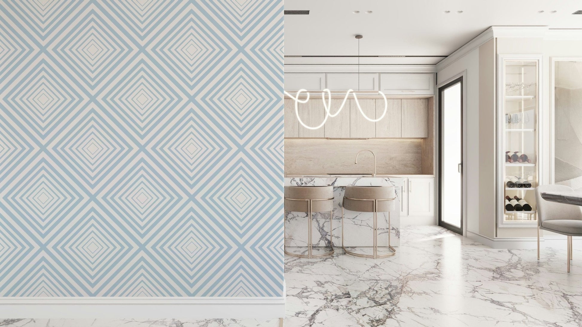 Symmetrical graphic motif on Sky Blue Chevron mural.