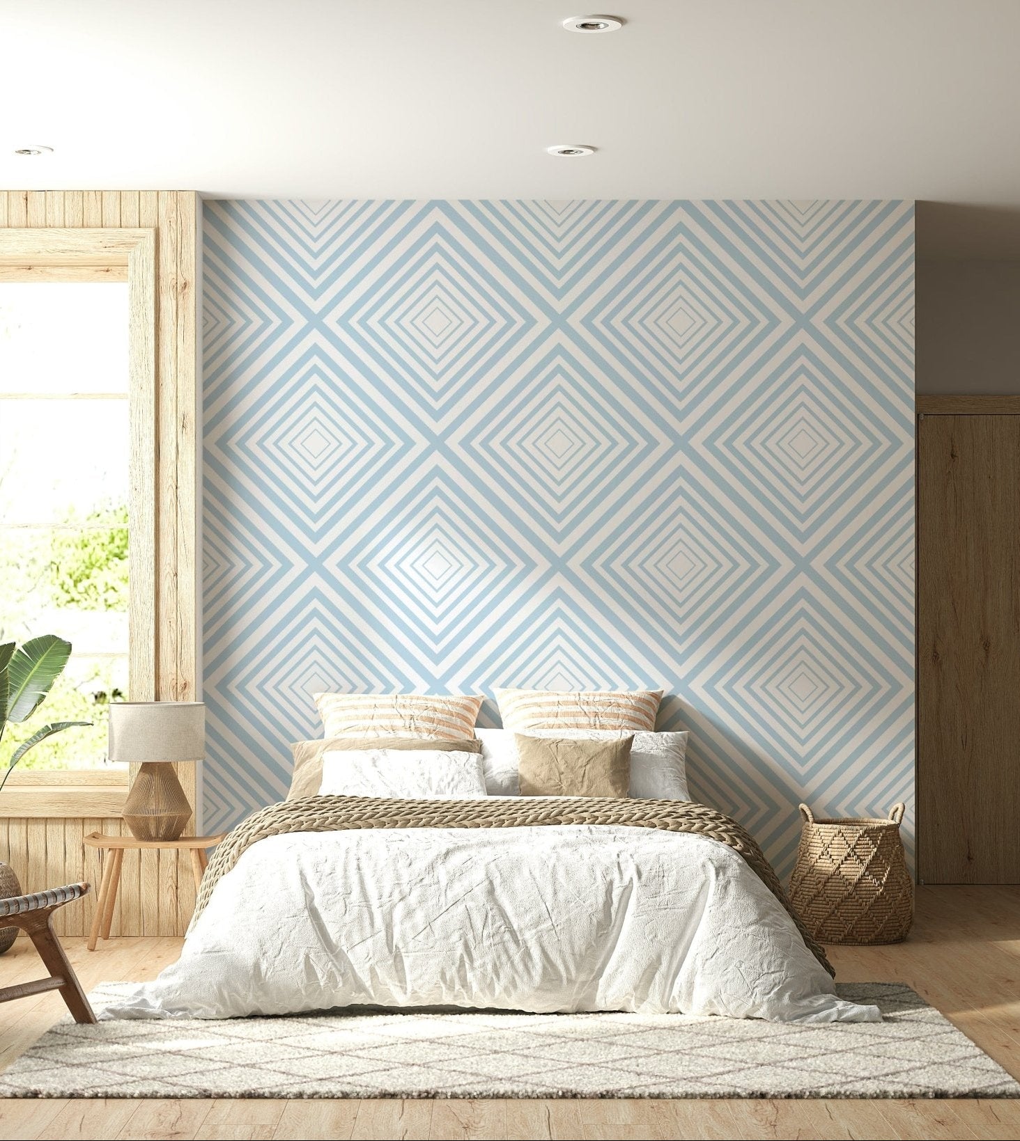 Geometric diagonal lines of Sky Blue Chevron wallpaper design.