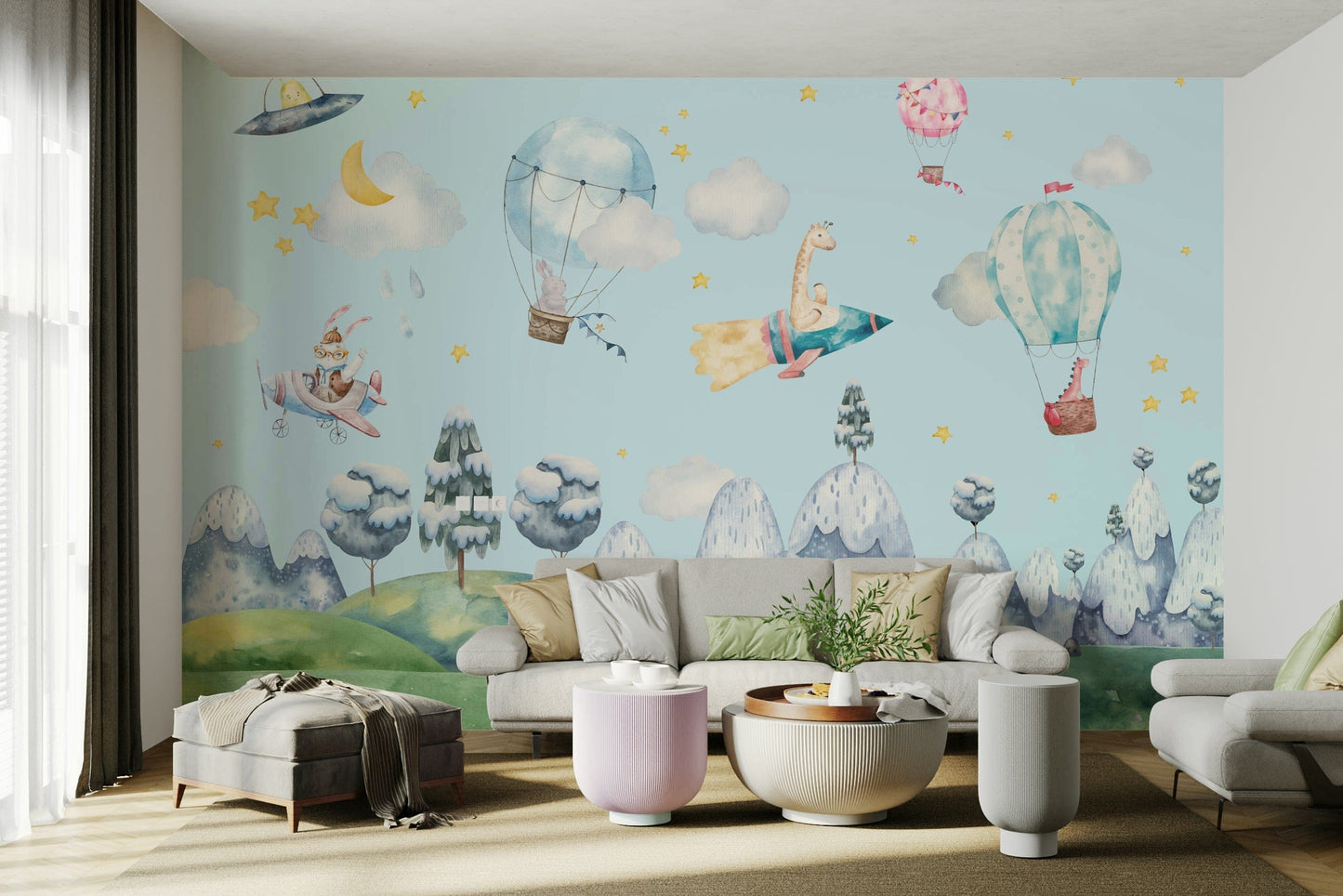 The colors are soft and gentle, with pale blues, pinks, and whites.

