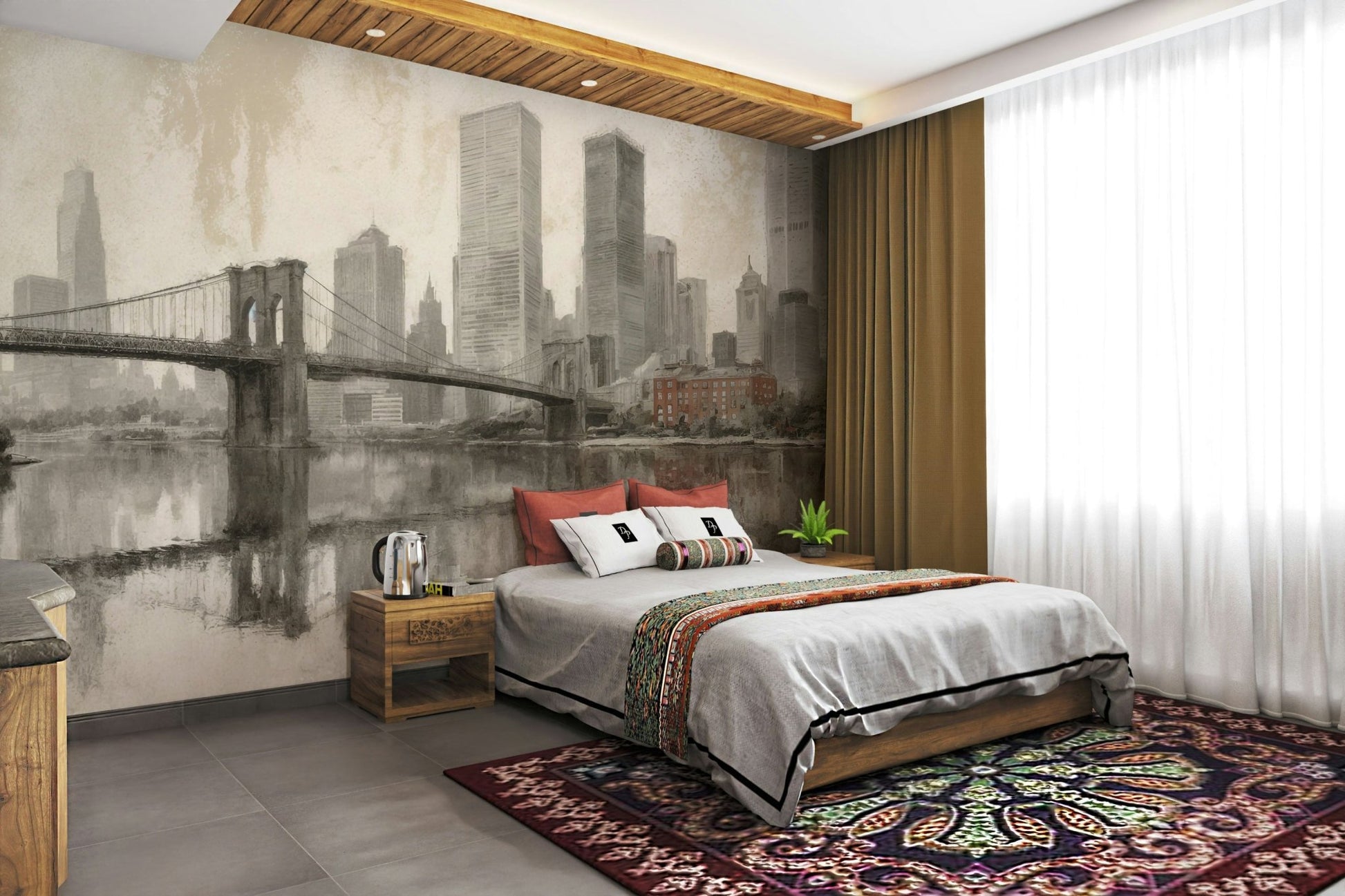 The lighting in the room is soft, complementing the mural's mood.
