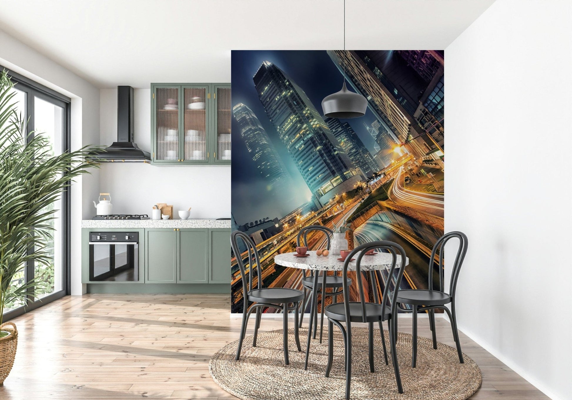 Modern high-rise Skyline Velocity wall covering city street blur lights.