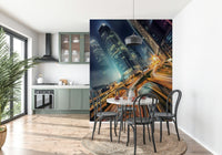 Modern high-rise Skyline Velocity wall covering city street blur lights.