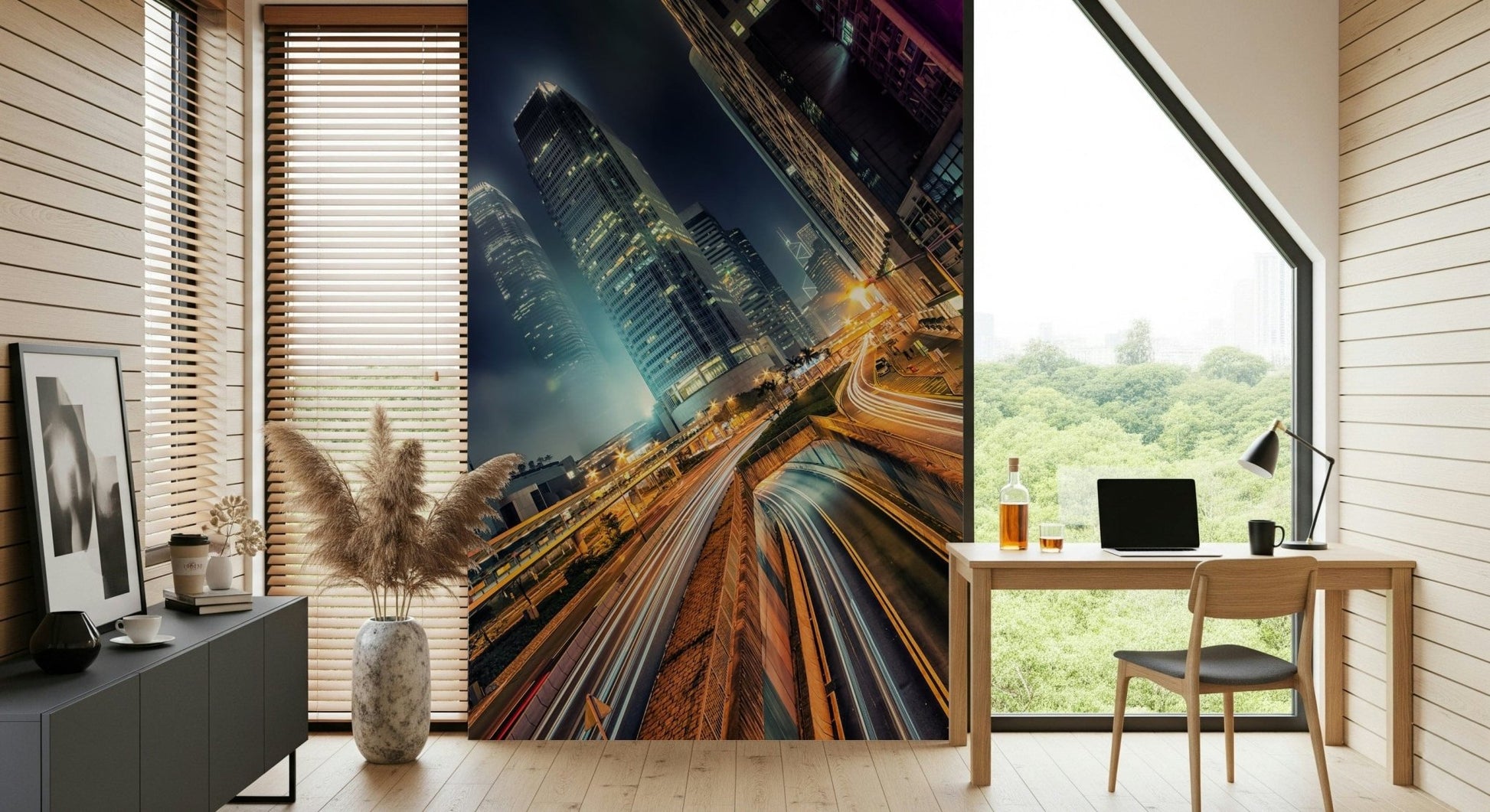 Metropolis Skyline Velocity wall mural glowing windows intense upward angle.
