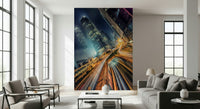 Dark Skyline Velocity wall graphic massive urban towers street lighting.
