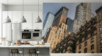Dramatic perspective Skyscrapers in NYC mural, sunlit facades reaching skyward.