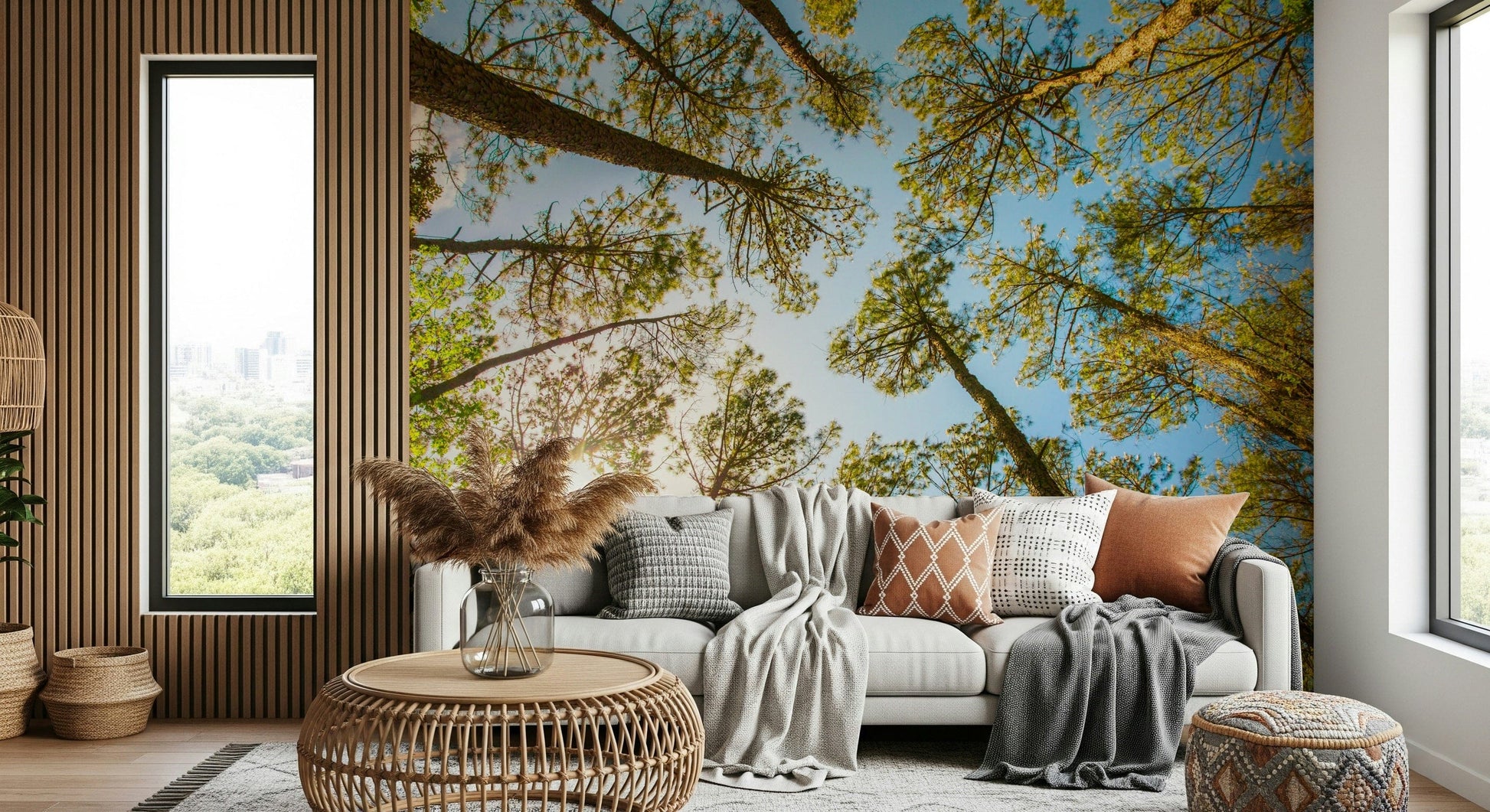 Skyward Trees mural in yoga space, soft green canopy, clean modern style