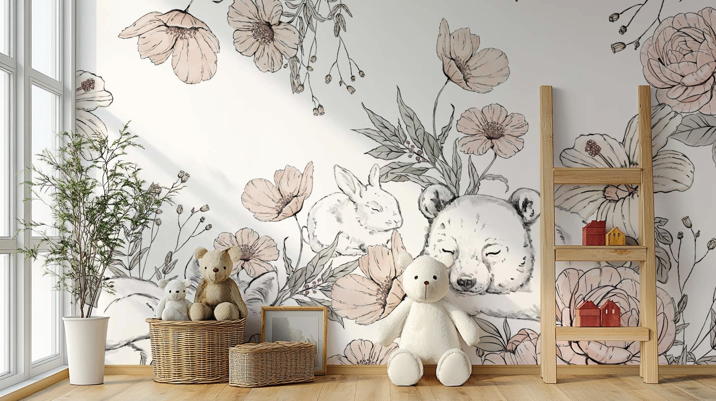 Sleeping Woodland mural of a bear and rabbit in blush florals behind teddy bears and a ladder shelf in a nursery