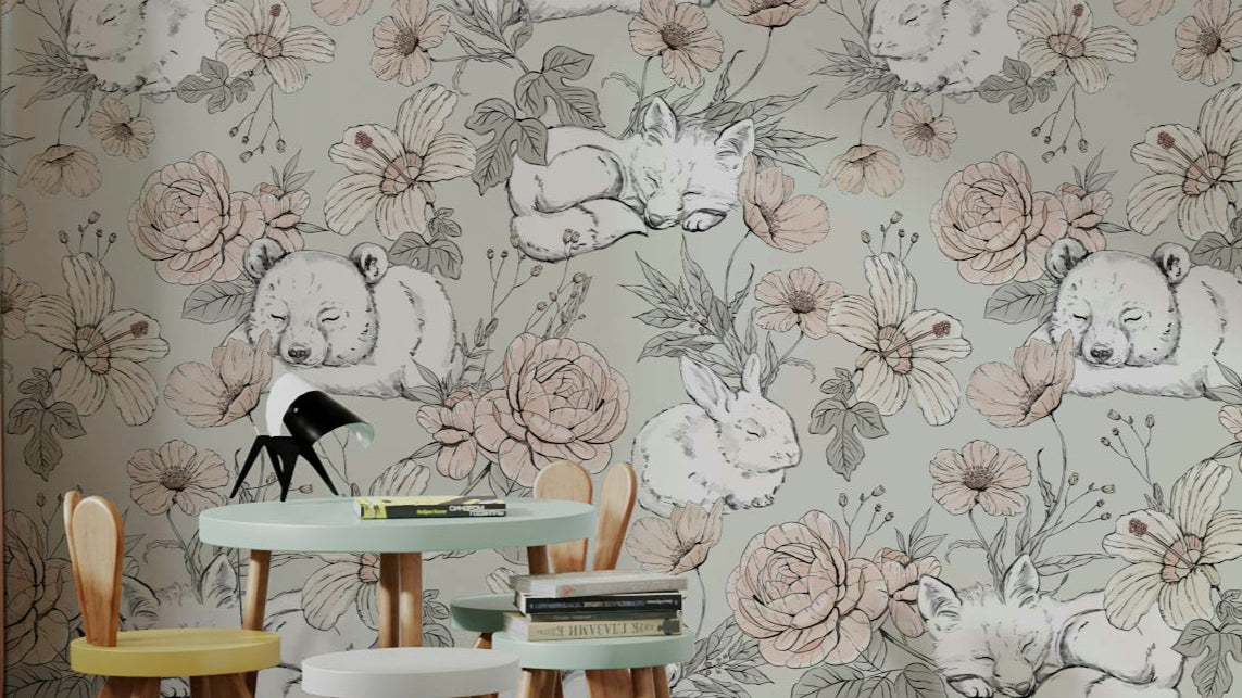 Sleeping Woodland Sage Green Wallpaper