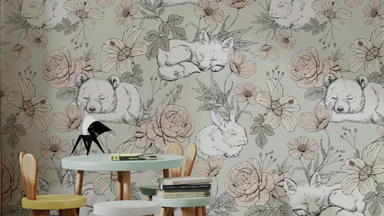 Sleeping Woodland Sage Green wallpaper with snoozing bears, foxes and rabbits behind a kids play table and bunny-ear chairs