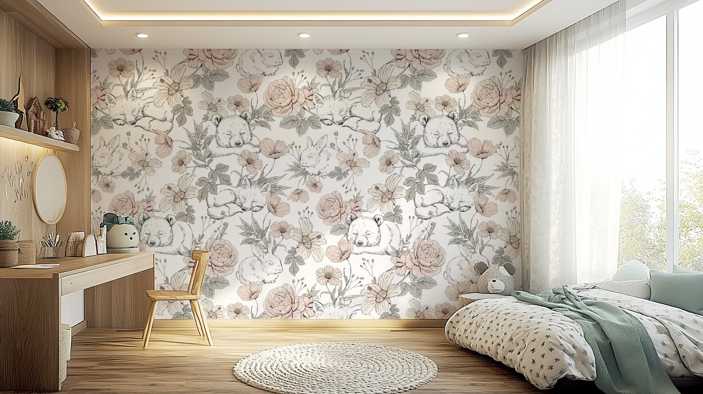 Sleeping Woodland wallpaper mural in a bedroom with a wooden desk, round mirror and green throw