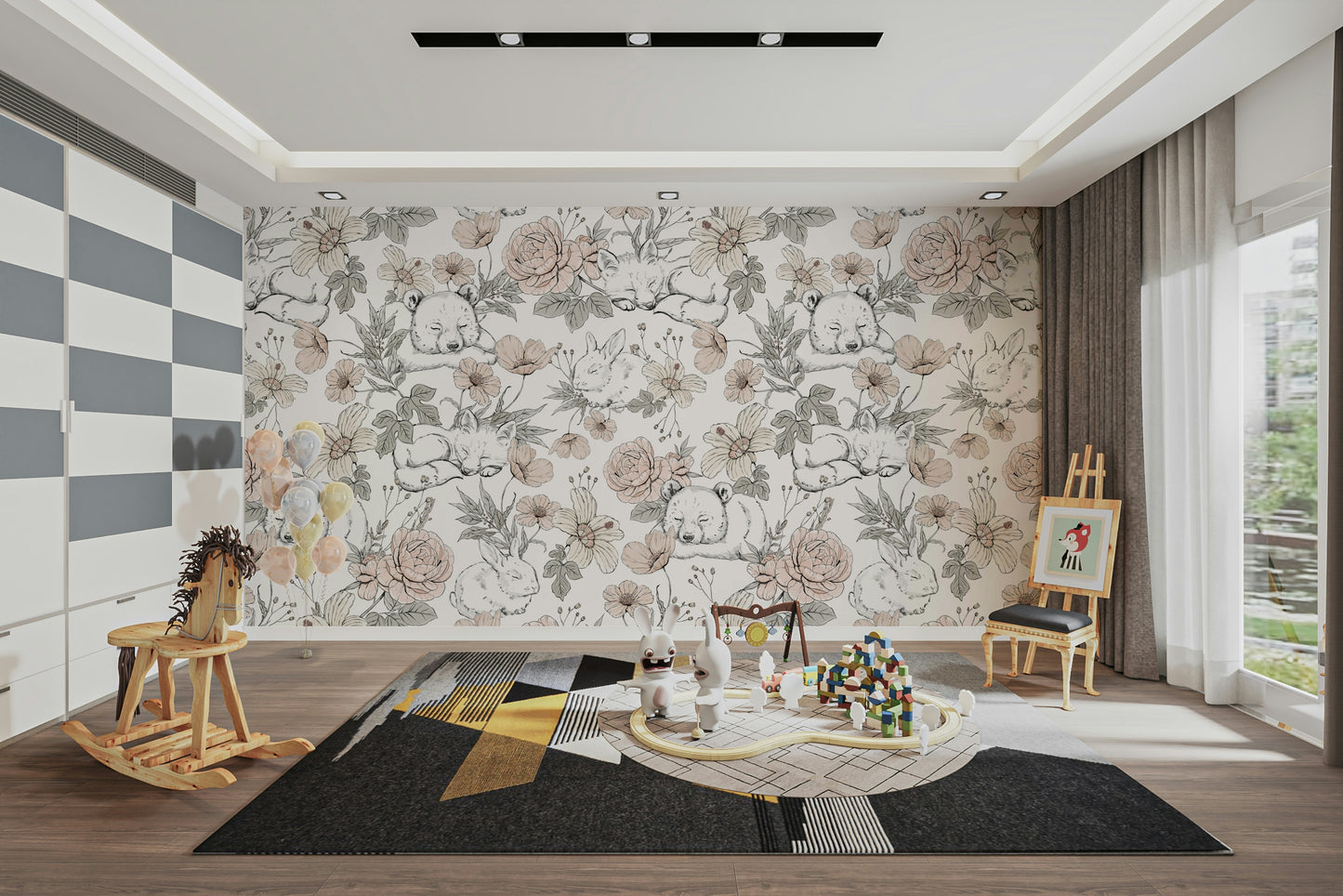 Sleeping Woodland wallpaper mural in a playroom with a wooden rocking horse and toy train track